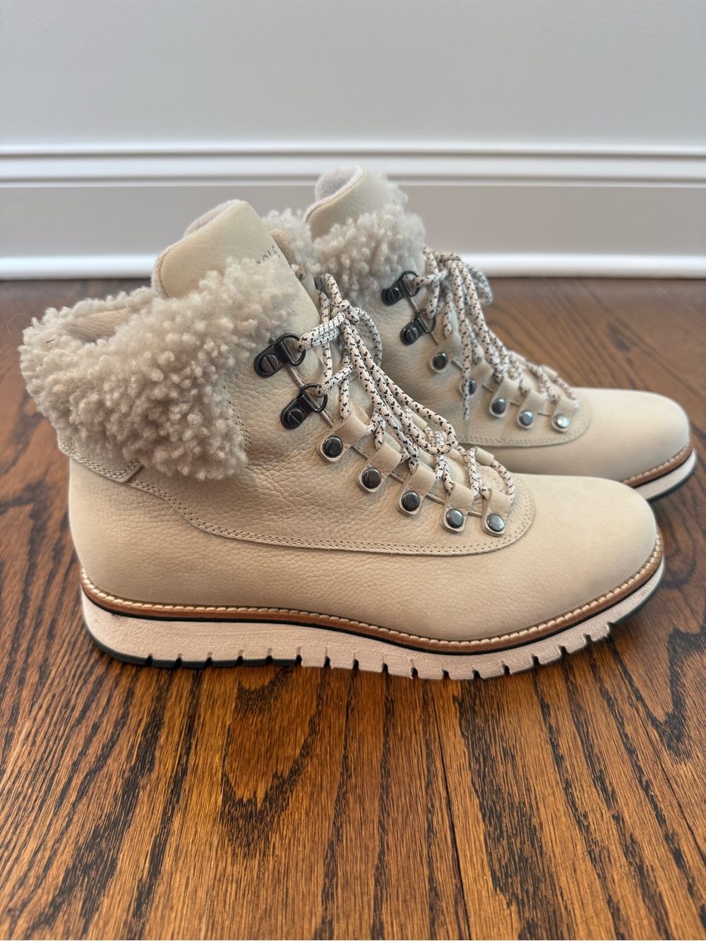 Cole Haan Cream Shearling-Trim Lace-Up Ankle Boots